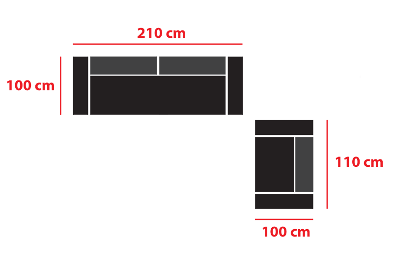 Sofa dimensions: 210 cm x 100 cm, armchair: 110 cm x 100 cm