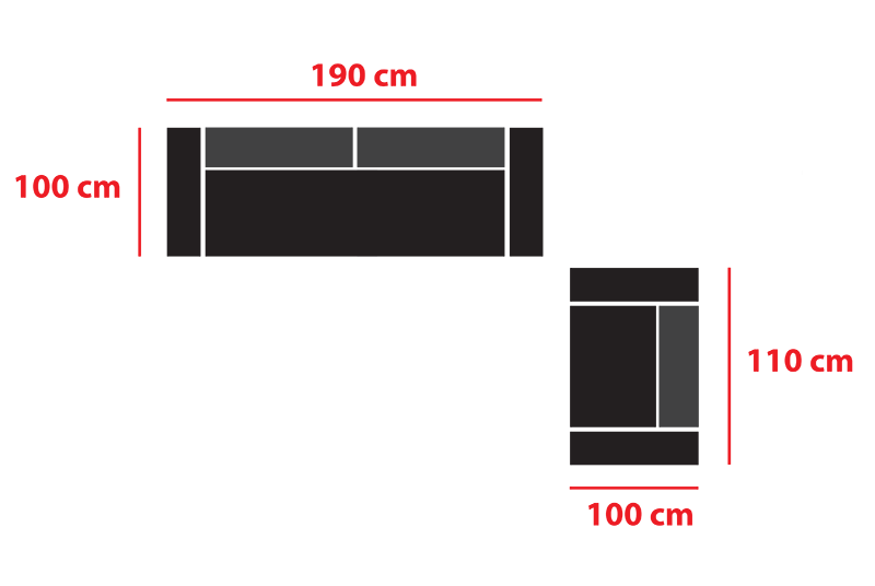 Sofa dimensions: 190 cm x 100 cm, armchair: 110 cm x 100 cm