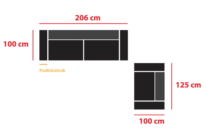 Sofa dimensions: 206 cm x 100 cm, armchair: 125 cm x 100 cm