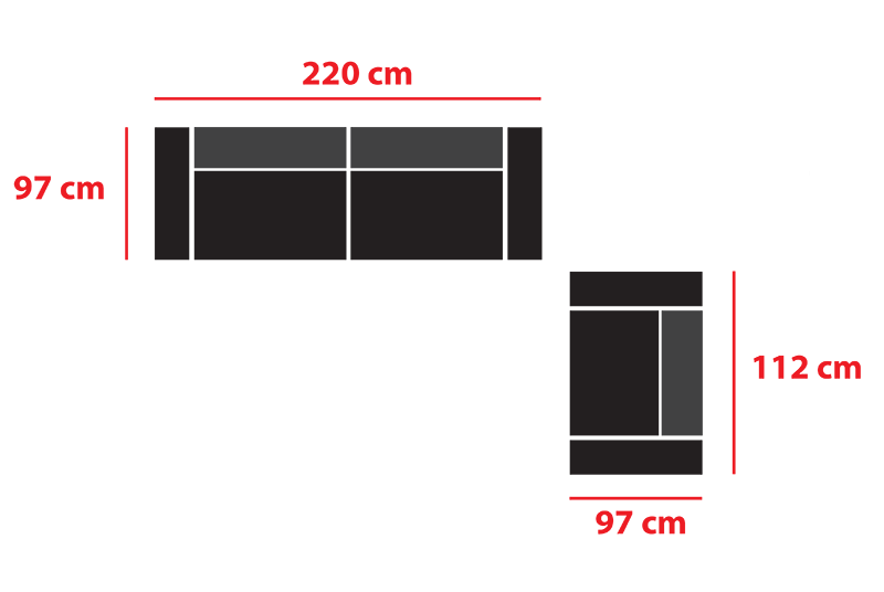 Sofa dimensions: 220 cm x 97 cm, armchair: 112 cm x 97 cm