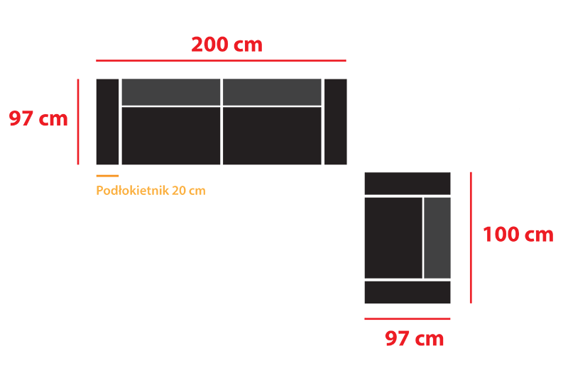 Sofa dimensions: 200 cm x 97 cm, armchair: 100 cm x 97 cm
