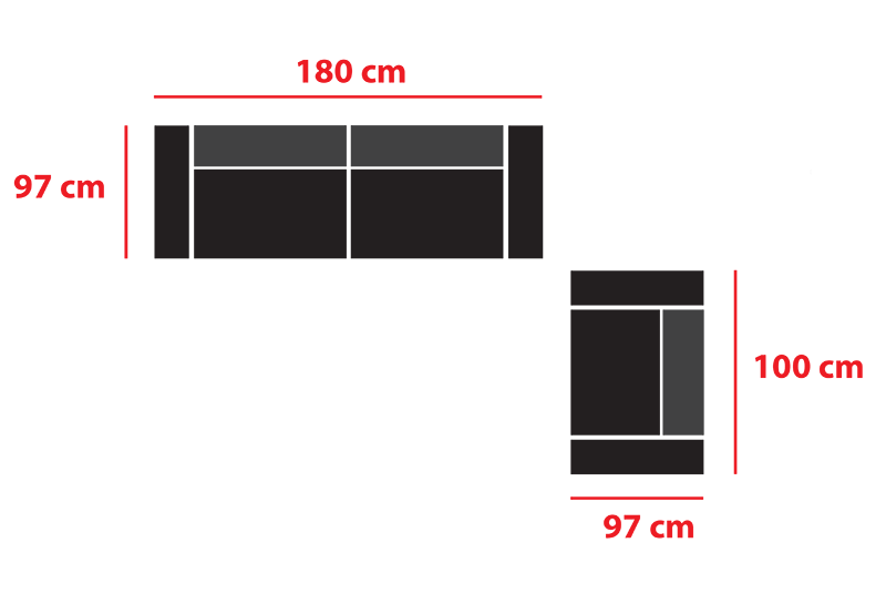 Sofa dimensions: 180 cm x 97 cm, armchair: 100 cm x 97 cm