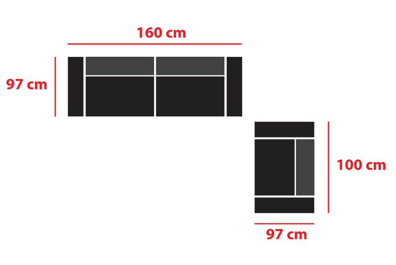 Sofa dimensions: 160 cm x 97 cm, armchair: 100 cm x 97 cm