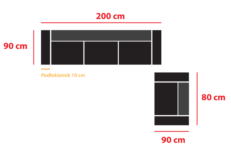 Sofa dimensions: 200 cm x 90 cm, armchair: 80 cm x 90 cm