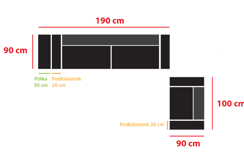 Sofa dimensions: 190 cm x 90 cm, armchair: 100 cm x 90 cm
