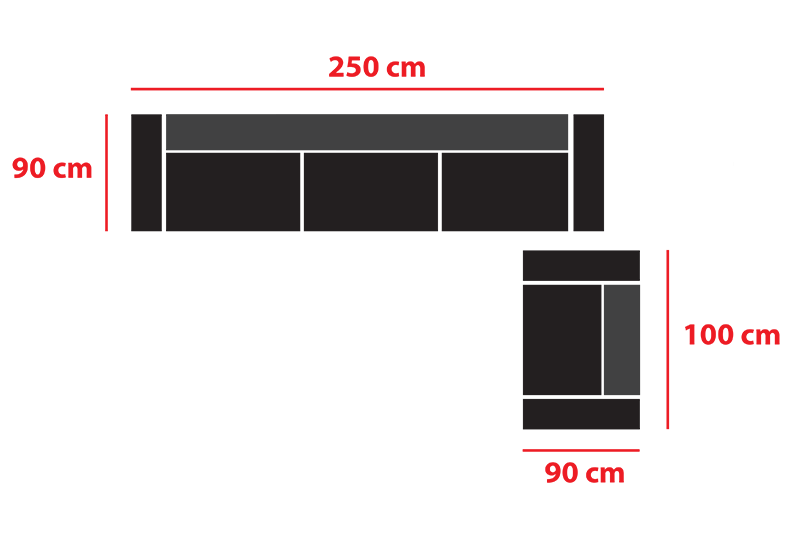 Sofa dimensions: 250 cm x 90 cm, armchair: 100 cm x 90 cm